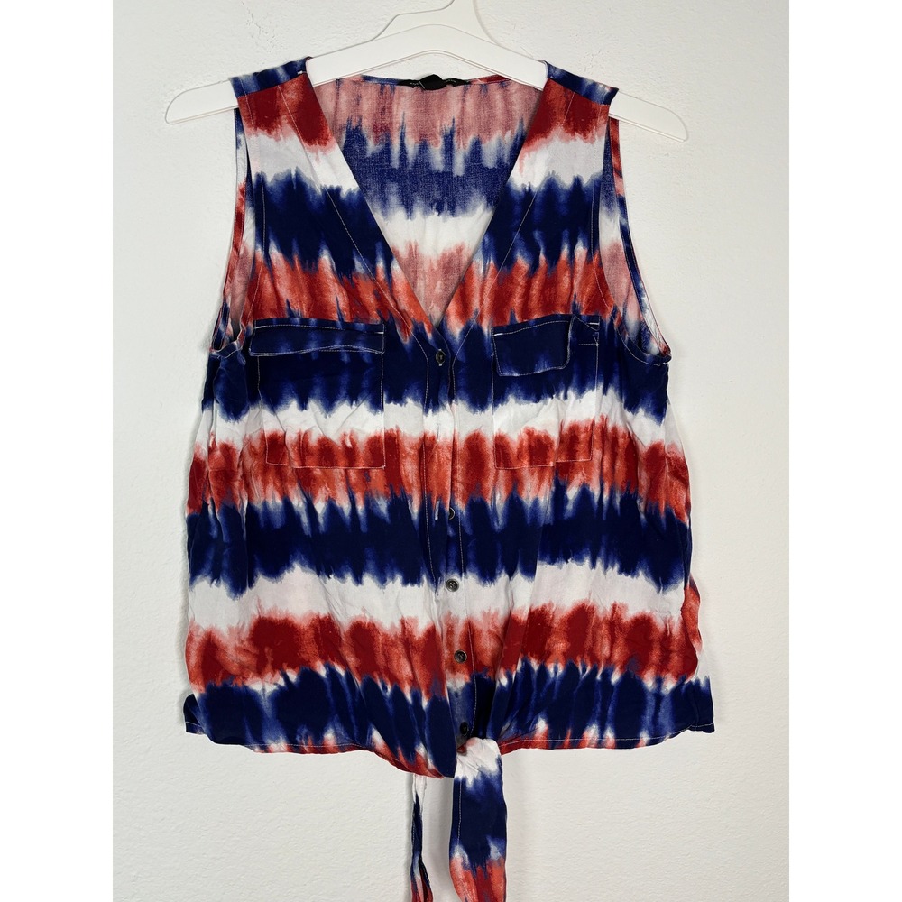 Rock & Republic Womens Tie Dye Sleeveless Button Down Shirt Red White Blue Small